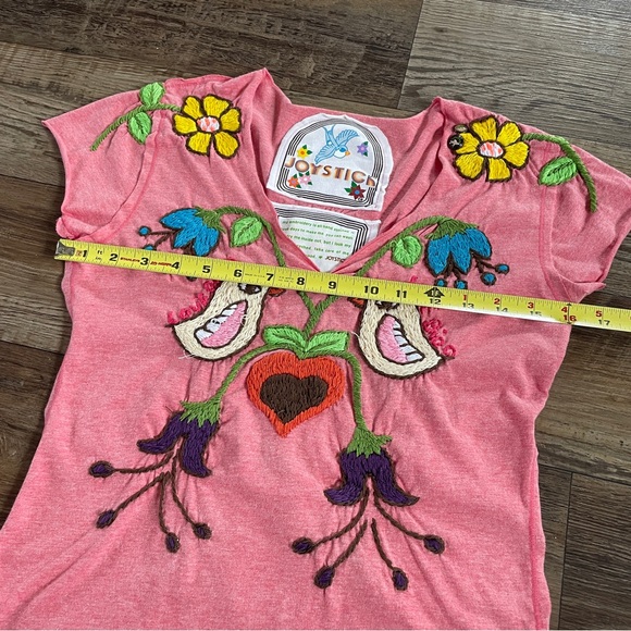 Y2K Joystick boho floral bird embroidered tshirt S - Picture 6 of 7